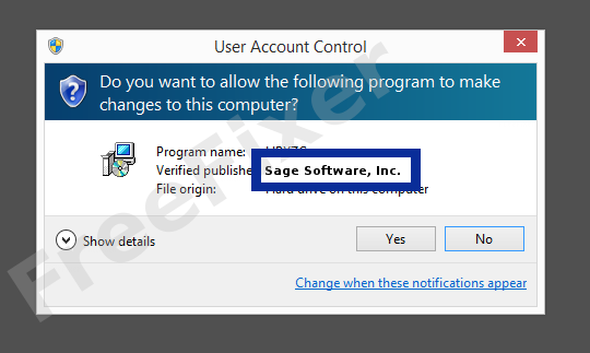 Screenshot where Sage Software, Inc. appears as the verified publisher in the UAC dialog